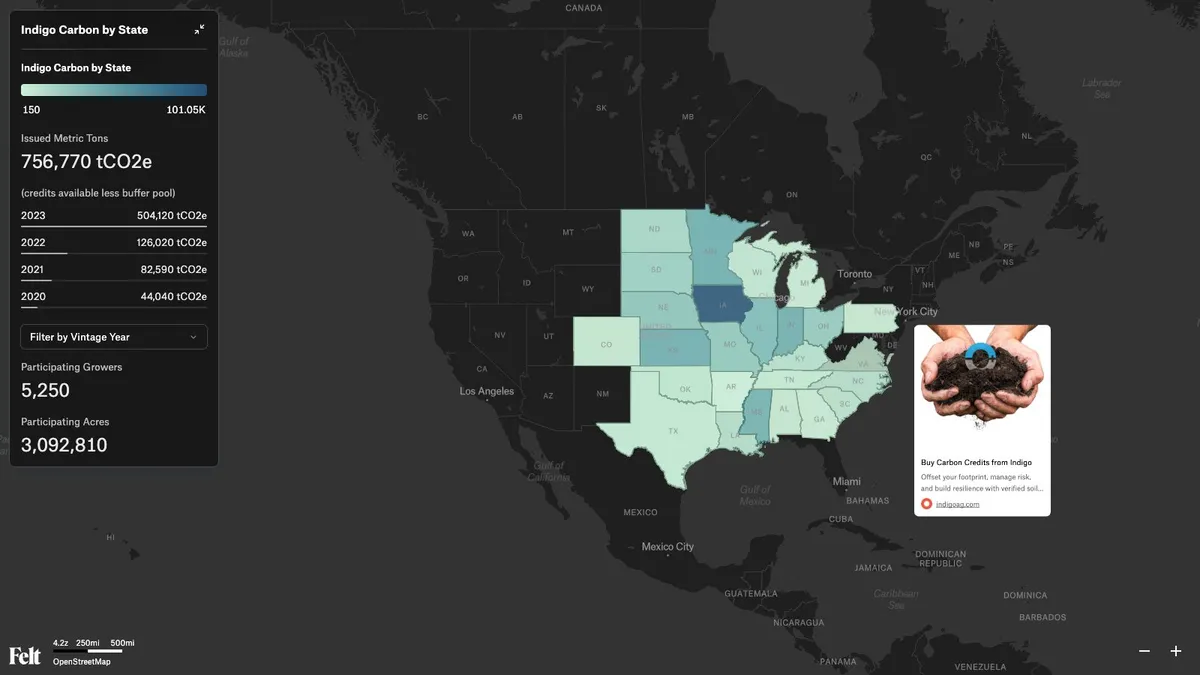 Indigo's carbon map in Felt: US states shaded by carbon credits issued, with the totals by vintage year, growers and acres in the sidebar
