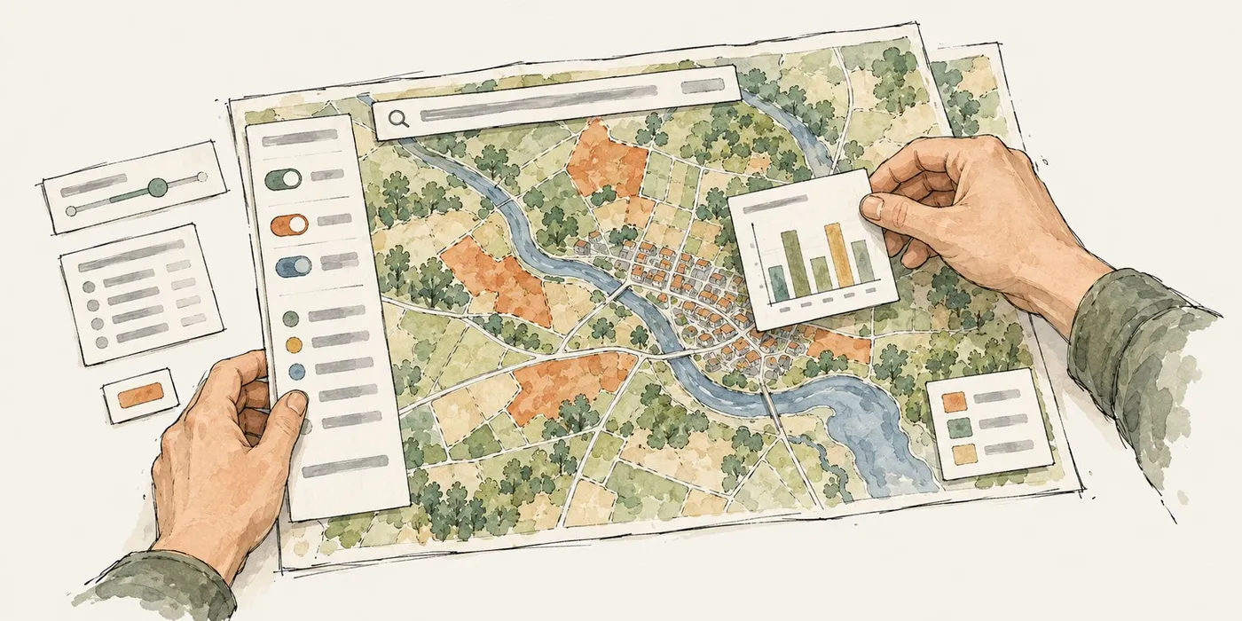 An illustration of two hands laying out the pieces of an app on a painted paper map: a sidebar of toggles, a search bar, a legend and a chart card