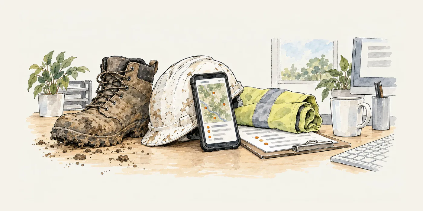 An illustration of a muddy work boot, a hard hat, a rolled hi-vis vest and a phone showing a map on an office desk