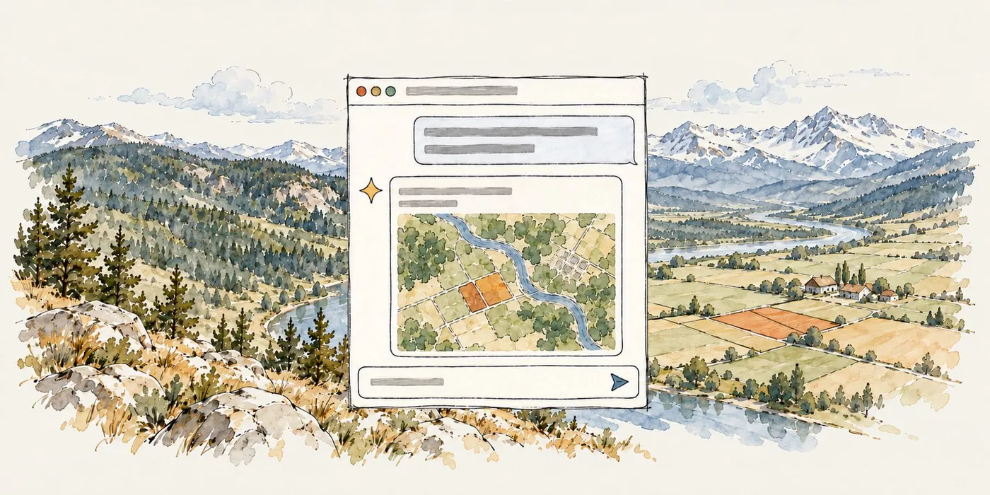 An illustration of an AI chat window in front of a river valley below snowy mountains, its reply a small map of the valley with two farm fields shaded orange, matching the same two fields shaded orange on the valley floor beside it