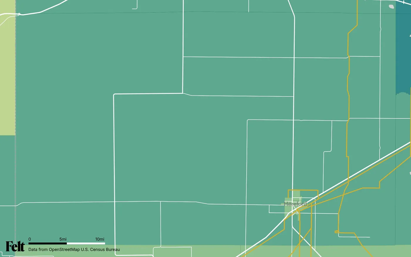 Map of Deaf Smith County, Texas: the county outlined, with transmission lines over median household income by census tract