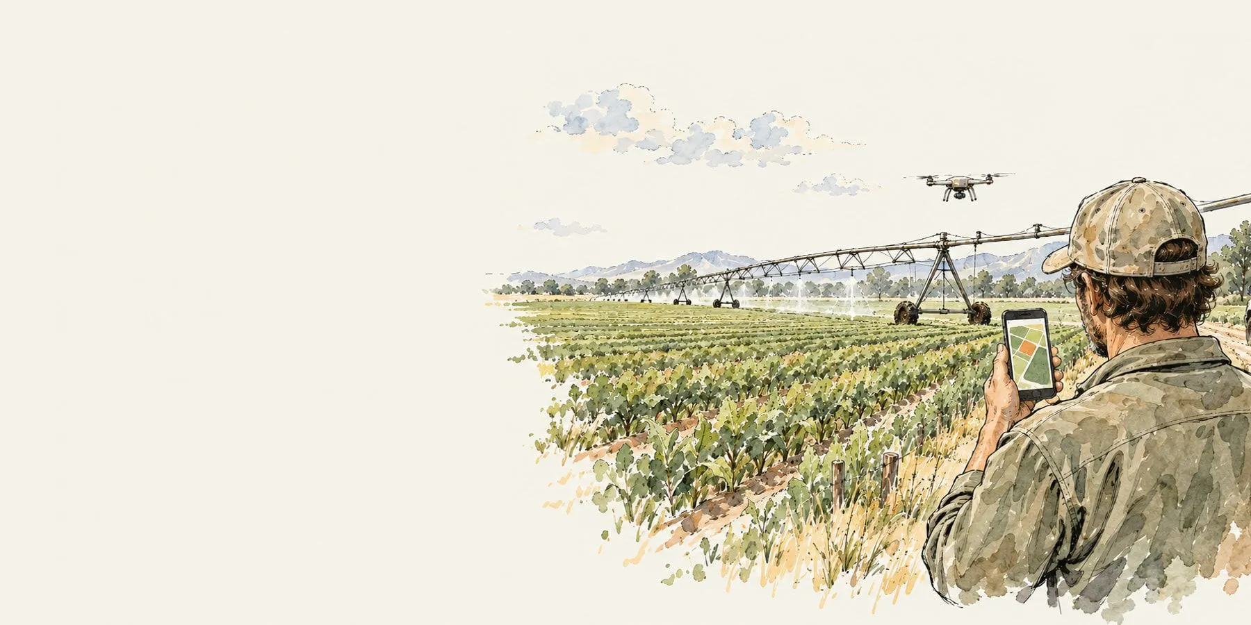 Ink-and-watercolour drawing of a farmer checking a field on a phone, with a Felt point in the crop rows and the field’s record in a popup above it.