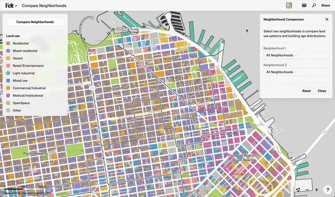 The Felt AI extension builder asking what to make, beside extension code and a neighborhood comparison panel on a map