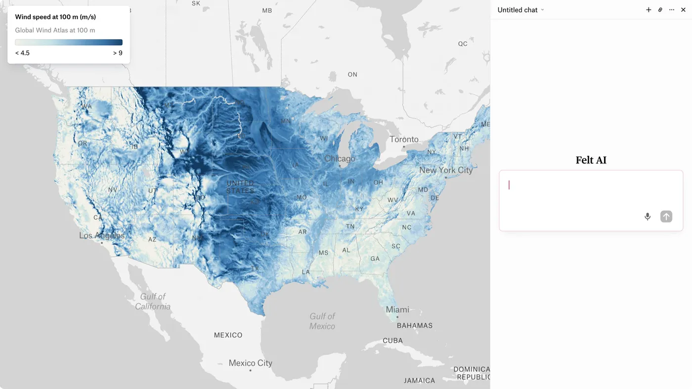 Felt AI answering “Where should we build our next wind farm?” with a county suitability layer