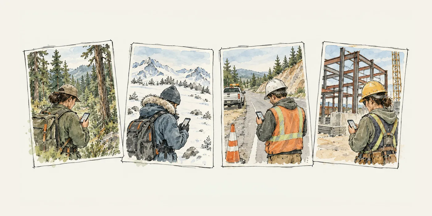 Four small illustrations of field workers using phones: in a forest, on a snowfield, on a highway shoulder and at a steel-frame building site