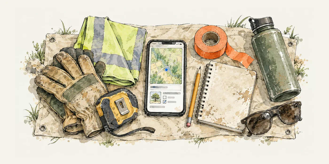 An illustration of a field kit laid out on a tarp: work gloves, a hi-vis vest, a tape measure, flagging tape, a notebook and a phone showing a map