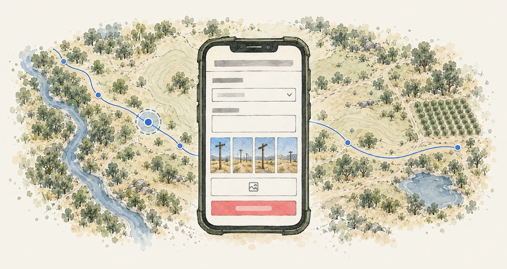 A phone filling in a survey with four site photos attached, standing over an aerial map traced with the route walked and the points captured along it.