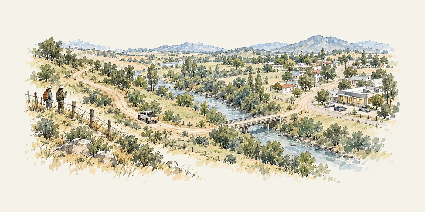 An illustration of a field crew at a fence on a hillside, a dirt road winding down across a river to an office building in town