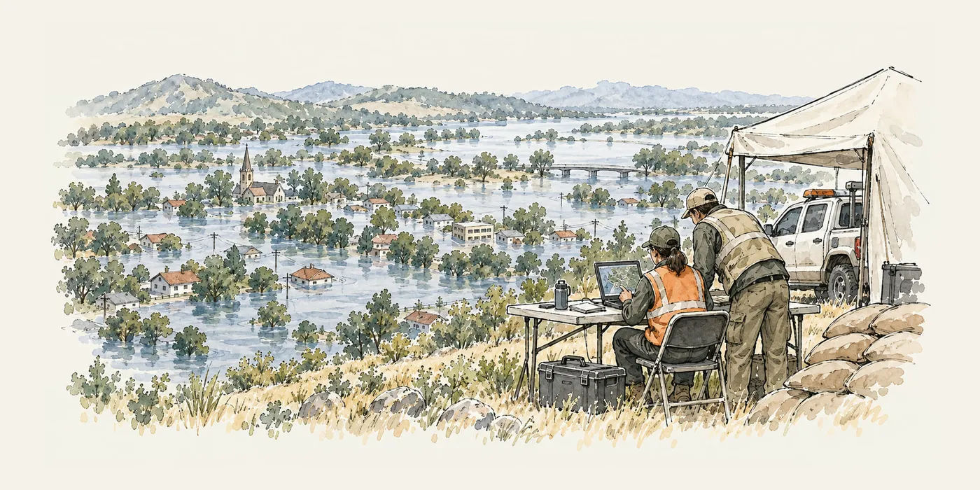 An illustration of two responders at a laptop in a tent on high ground, above a town and fields under floodwater