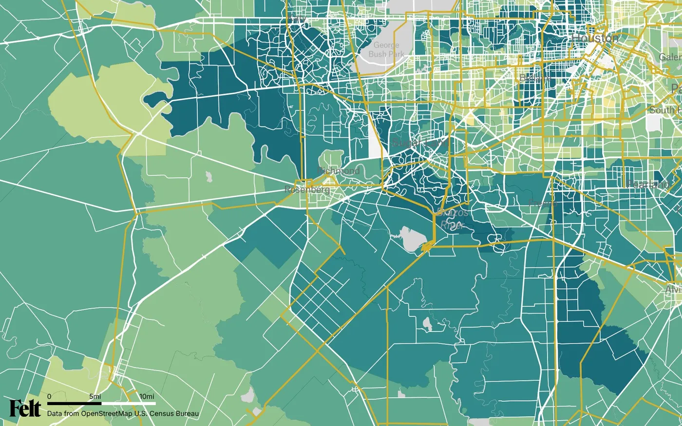 Map of Fort Bend County, Texas: the county outlined, with transmission lines over median household income by census tract