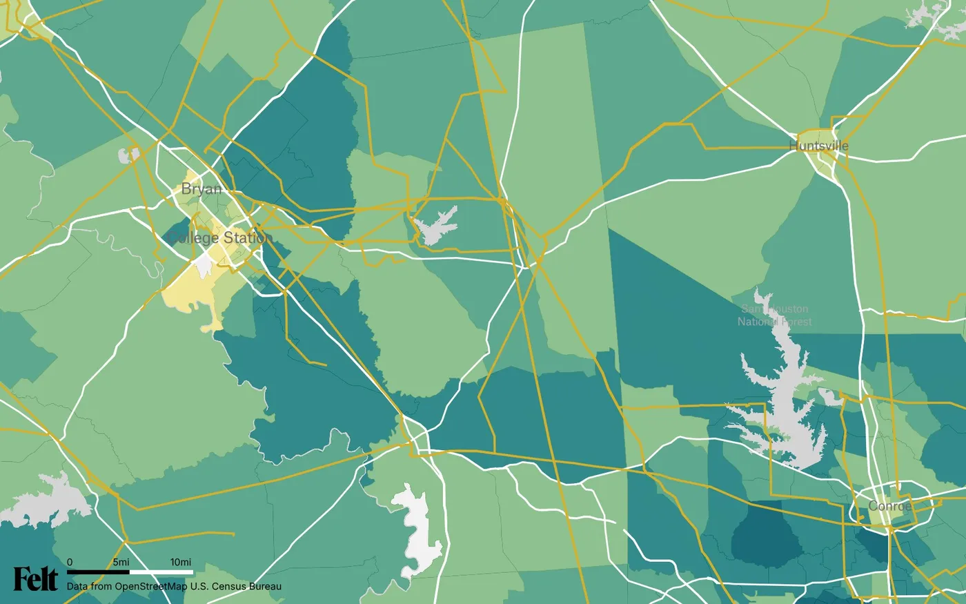 Map of Grimes County, Texas: the county outlined, with transmission lines over median household income by census tract