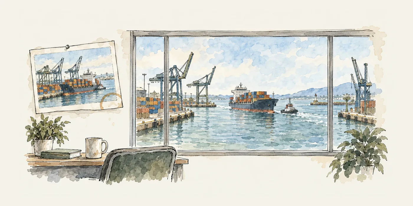 An illustration of an office window onto a busy harbour, beside a pinned photo of the same harbour taken earlier