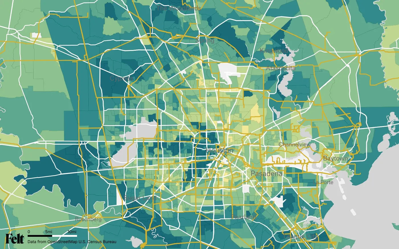 Map of Harris County, Texas: the county outlined, with transmission lines over median household income by census tract
