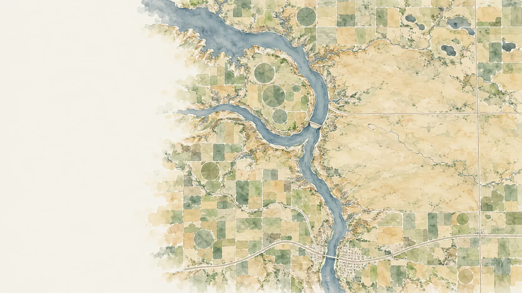 A watercolour of Buffalo County, South Dakota, from above: open prairie east of the Missouri River, with Buffalo County outlined
