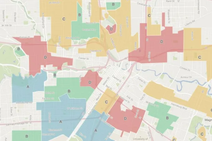 A Felt map of historical redlining grades A to D across Houston neighborhoods