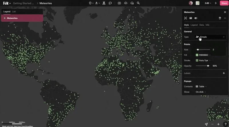 Heatmap visualization in Felt showing global spatial hotspots, with clustered high-intensity areas highlighted to demonstrate AI-assisted hotspot analysis across a shared map interface.