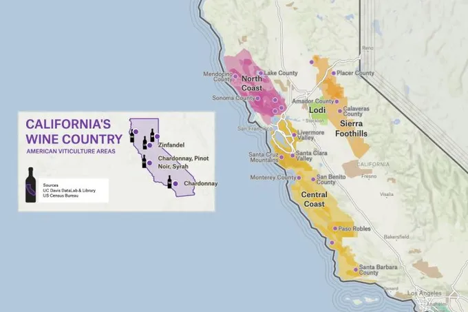 A Felt map of California's wine regions, shading the North Coast, Lodi, Sierra Foothills and Central Coast
