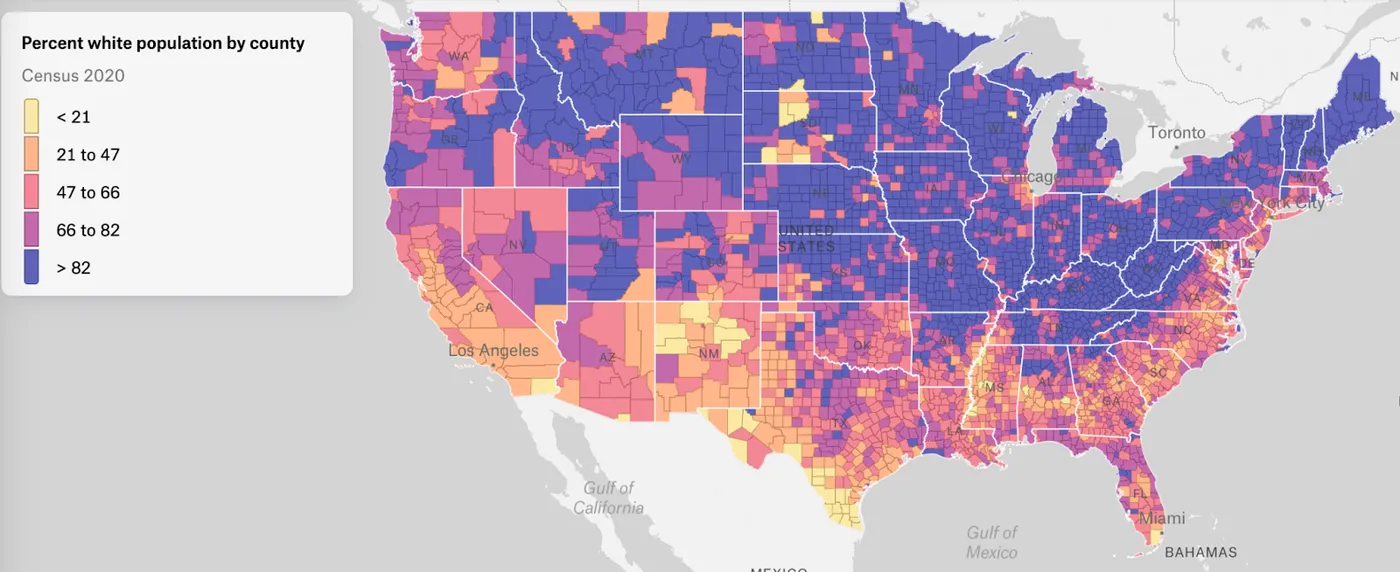A Felt choropleth map of the contiguous US showing percent white population by county from the 2020 Census