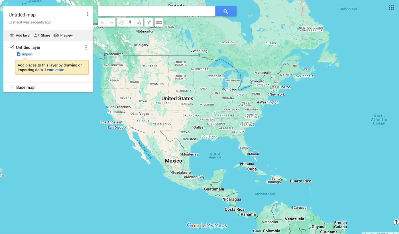 A screenshot of a map of North America in the Google Maps interface.