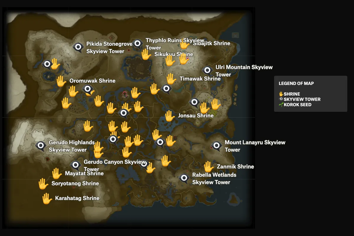 A Felt map of the Tears of the Kingdom game world marking shrines and skyview towers with icons on a black canvas