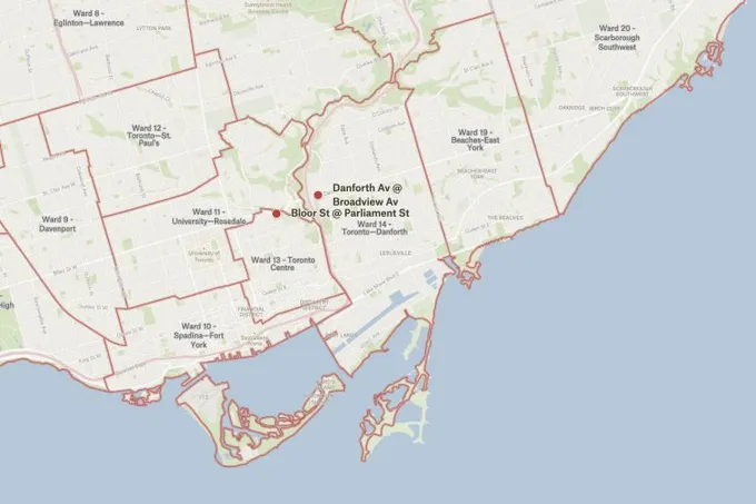 A Felt map of Toronto ward boundaries with markers at Danforth Av and Broadview Av and at Bloor St and Parliament St