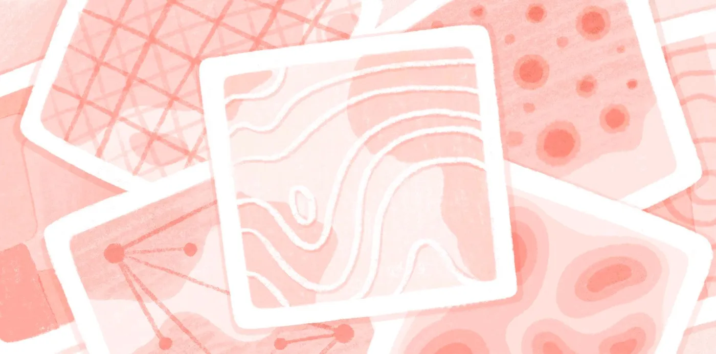 An illustration of overlapping pink map cards showing contour lines, a grid, dots and connected points