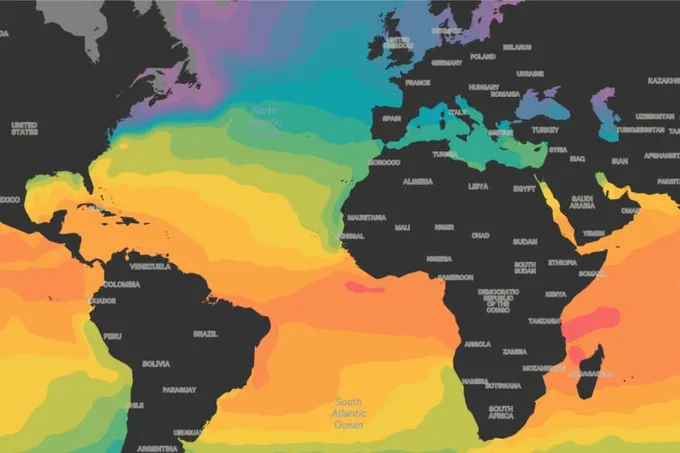 A Felt map of sea surface temperatures across the Atlantic, shaded from cool purple to warm orange