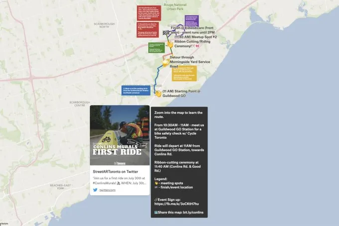 A Felt map of a Toronto bike ride route from Guildwood GO to Conlins Road, with event notes and a Twitter card