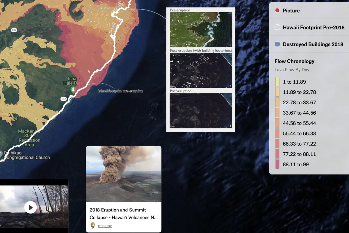 A Felt map of the 2018 Kilauea lava flow shaded by day, with destroyed buildings and before and after imagery