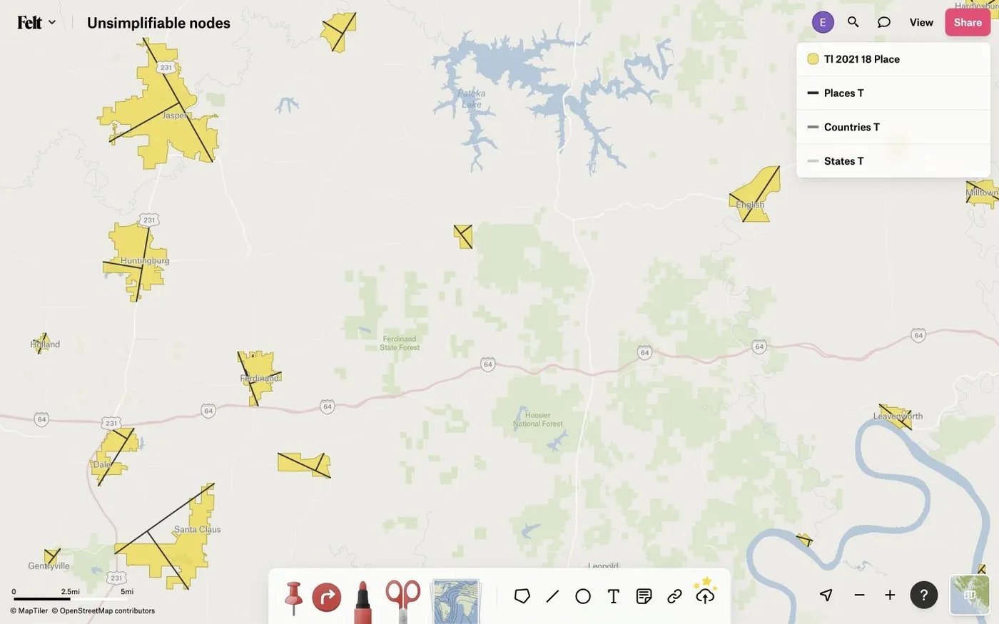 A Felt map of small yellow town polygons in southern Indiana, each crossed by lines between its unsimplifiable nodes