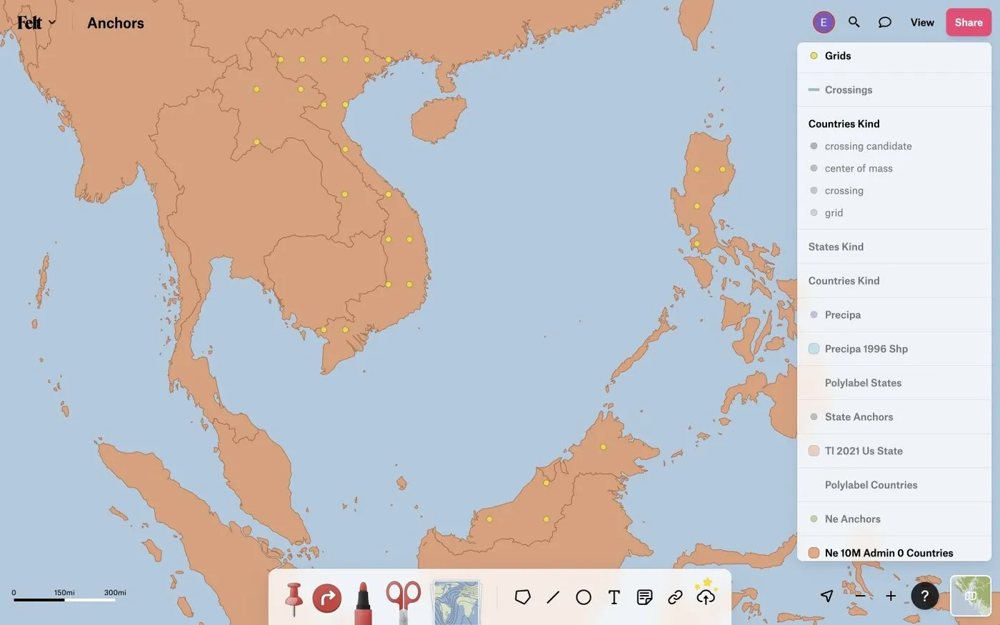 A Felt map of Southeast Asia with yellow dots marking the grid points tested for label placement