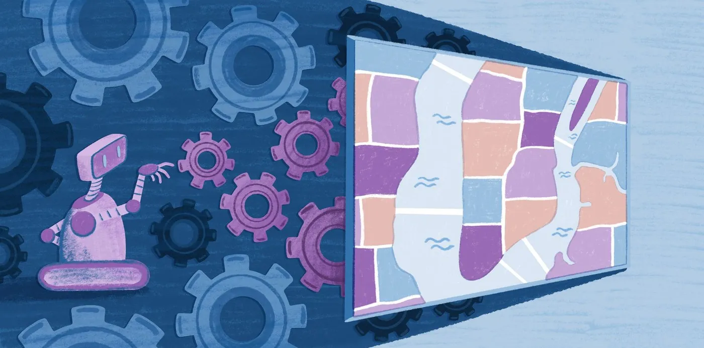 An illustration of a robot turning gears that feed into a colorful map of land parcels on a screen