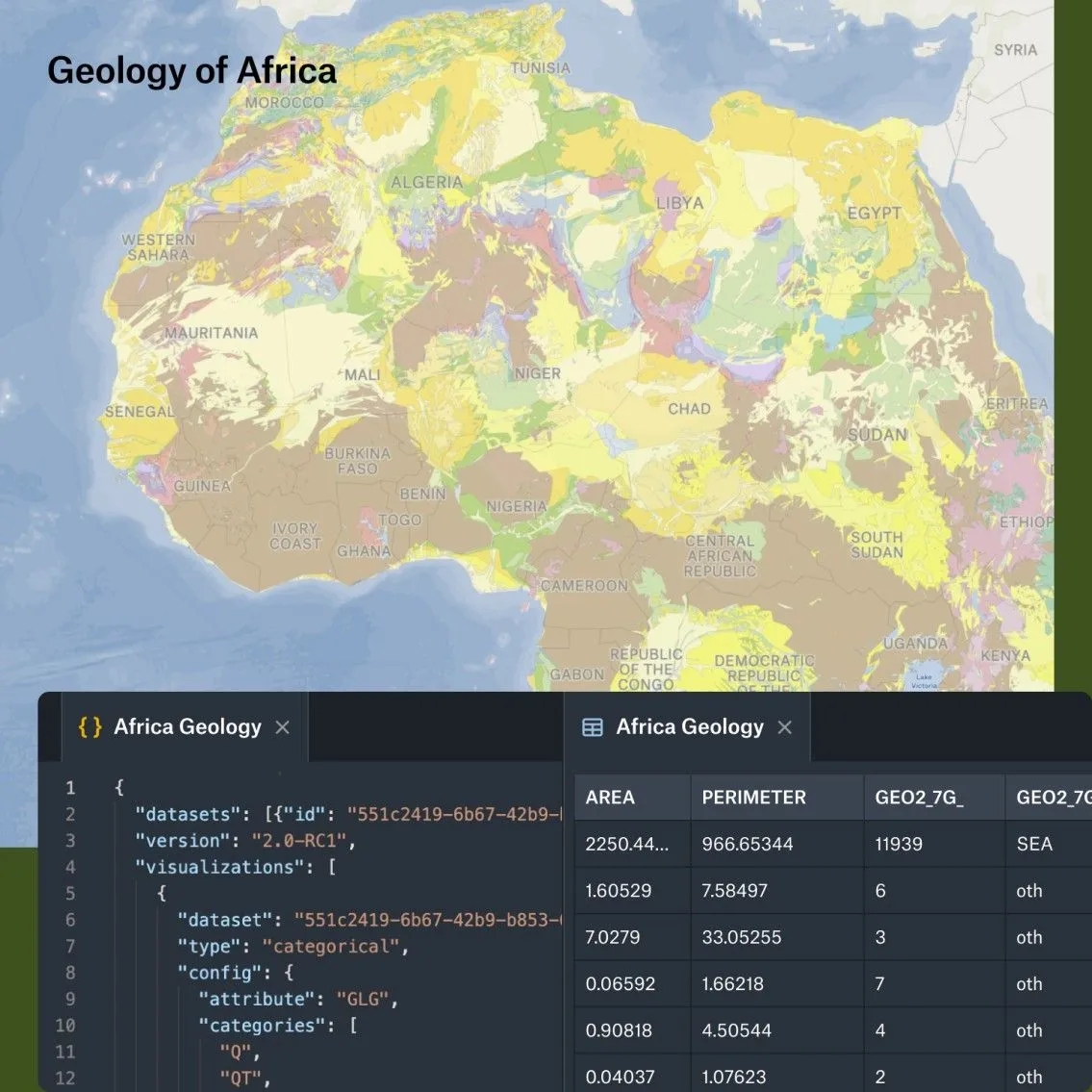 A Felt map of the geology of northern Africa above its Felt Style Language code and attribute table