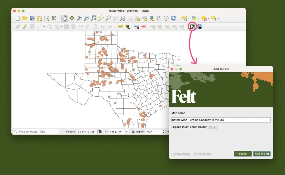A screenshot of a Texas wind turbines project in QGIS with the Add to Felt dialog open