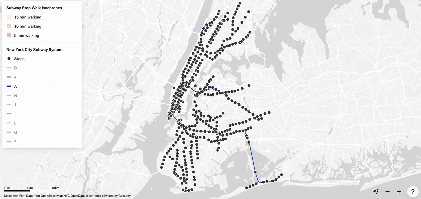Map of the New York City subway system showing station locations and walking isochrones (5, 10, and 15 minutes) around stops, illustrating pedestrian access to subway stations across the city.