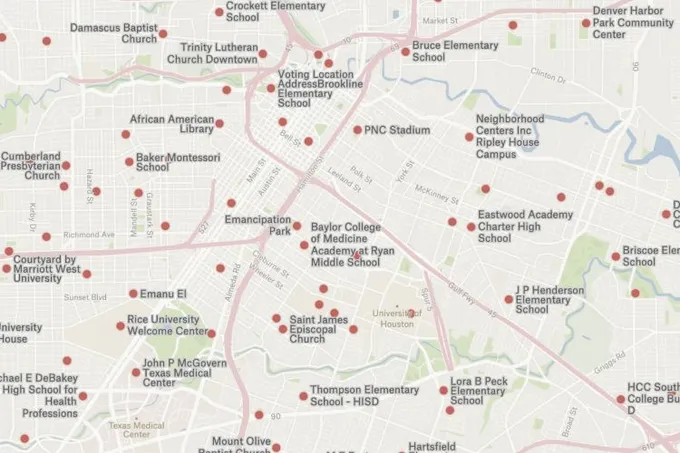 A Felt map of central Houston marking polling locations such as schools, churches and community centers