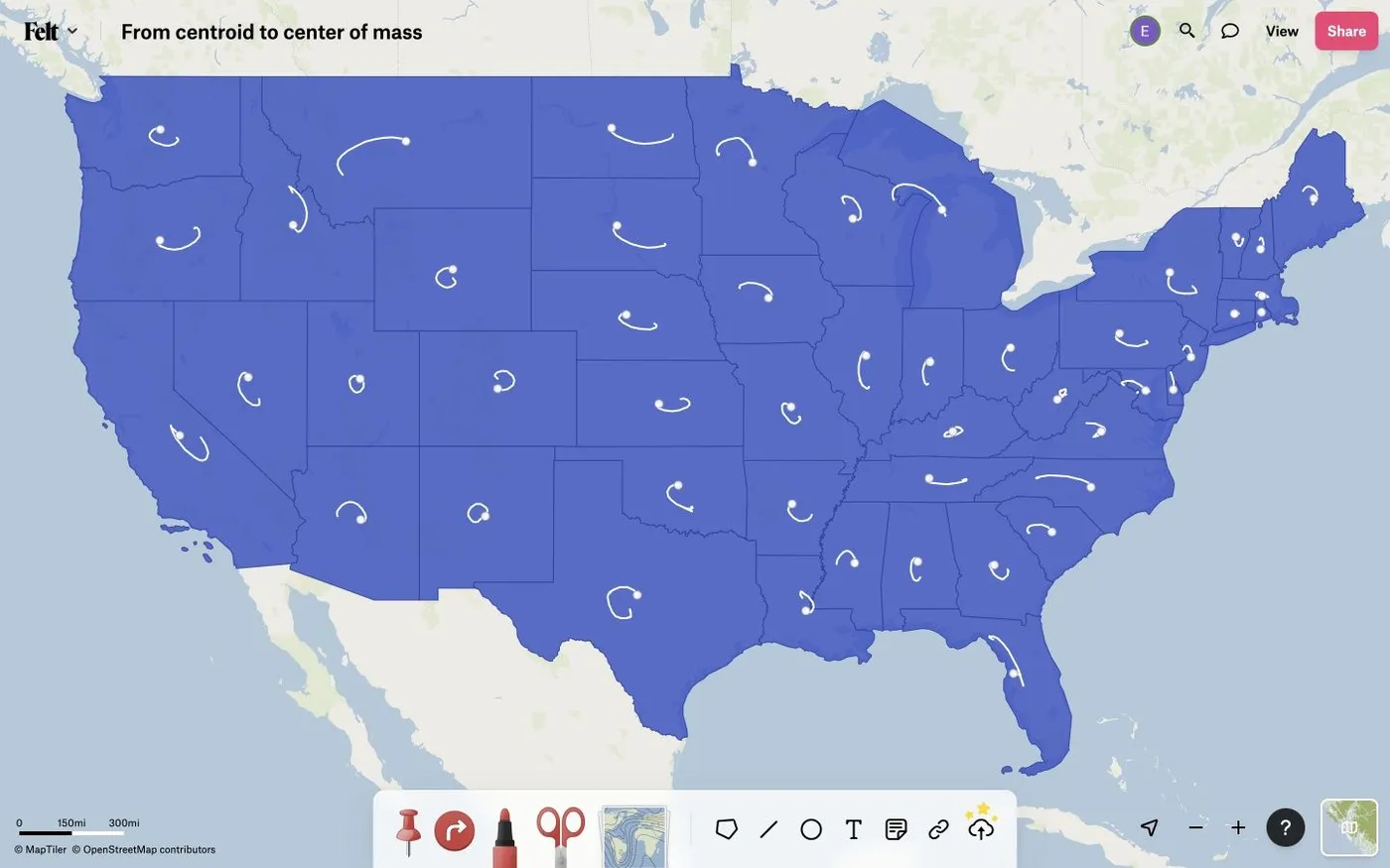 A Felt map of the contiguous US with arrows showing each state label moving from centroid to center of mass