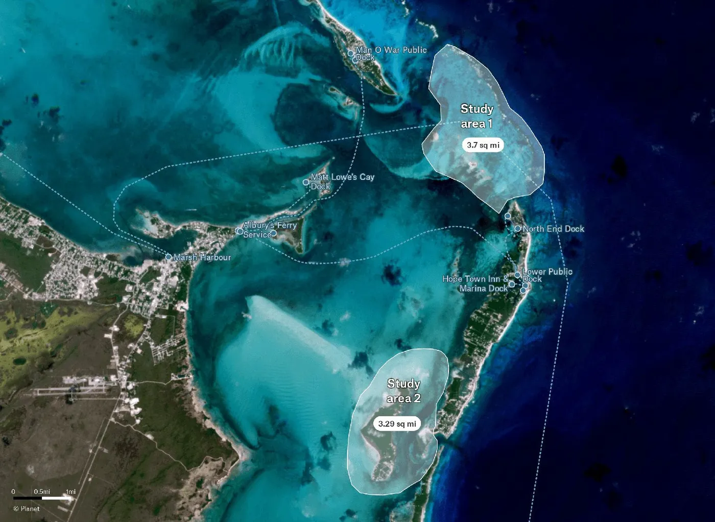 A Felt map on Planet satellite imagery of two outlined study areas near Marsh Harbour, with ferry routes and docks