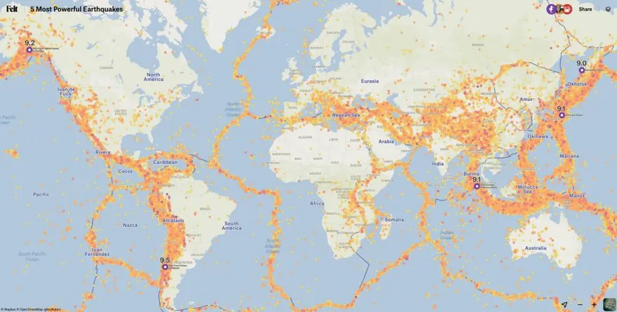 A Felt world map of earthquakes in bright orange dots along tectonic plates, with the five most powerful labeled