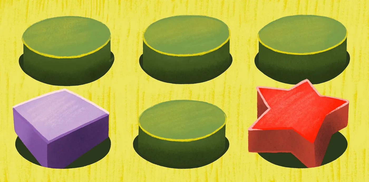 An illustration of map symbols as 3D shapes: four green circles, a purple square and a red star
