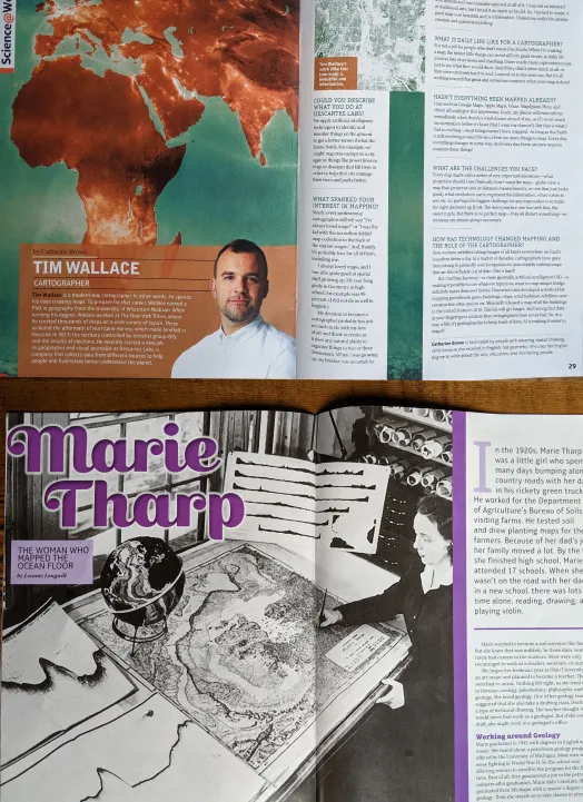 Two magazine spreads, one profiling Tim Wallace as a cartographer and one on Marie Tharp, the woman who mapped the ocean floor