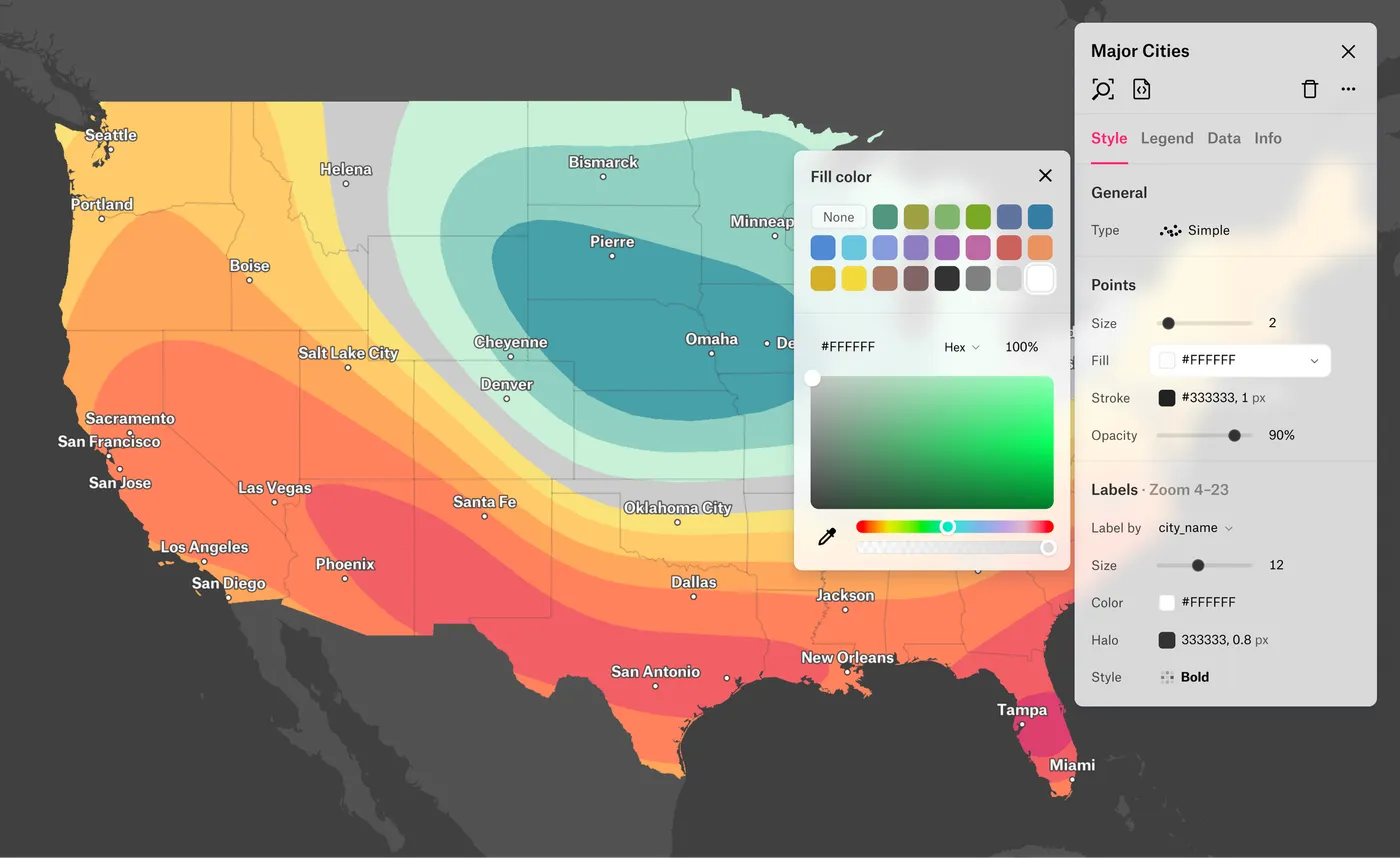 A Felt map of the US with colored contour bands and city labels, beside the point styling panel and fill color picker