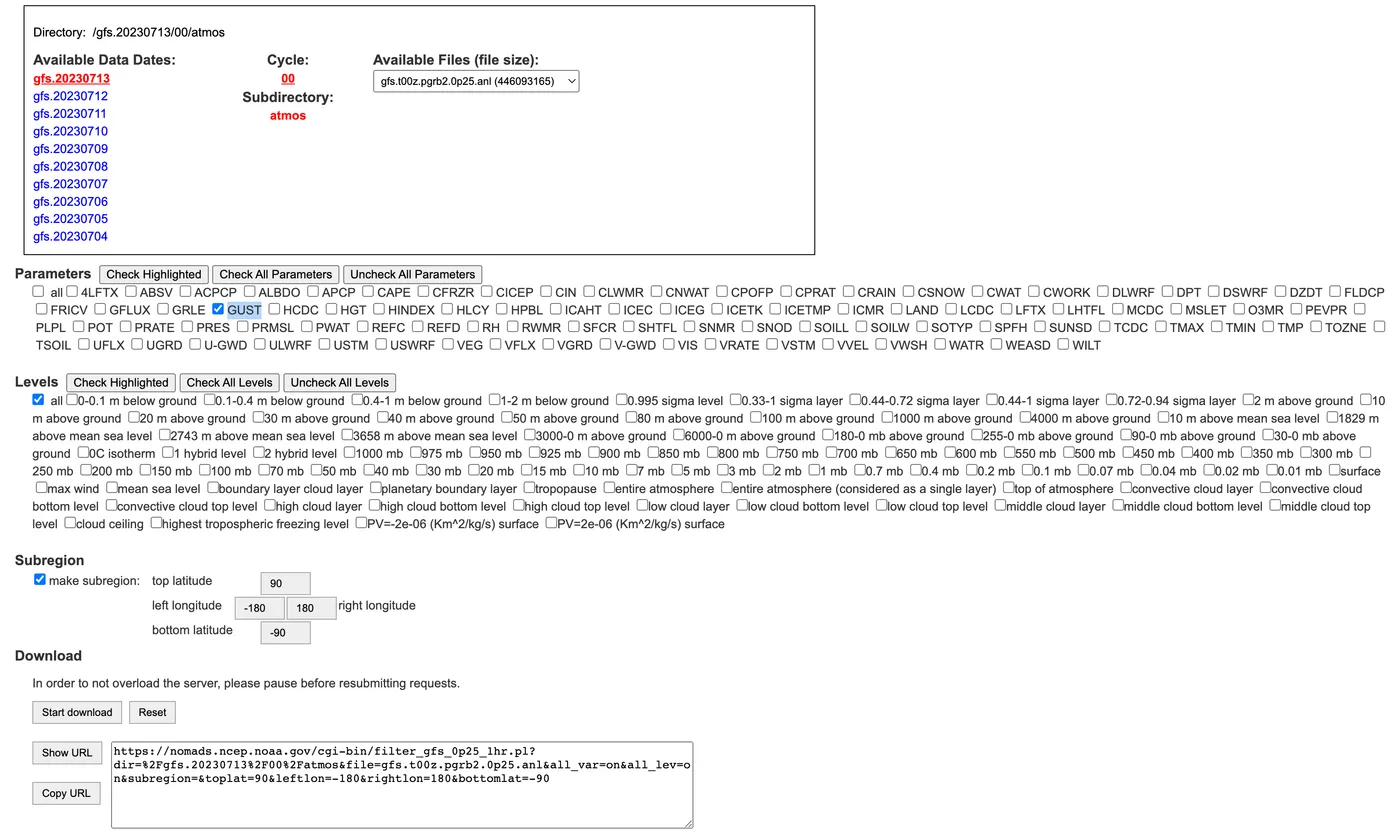 The NOAA NOMADS GFS grib filter page with the GUST parameter checked, a global subregion and the generated request URL