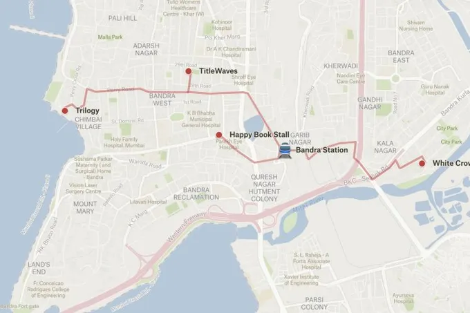 A Felt map of Bandra, Mumbai, with bookshops linked by walking routes to Bandra Station