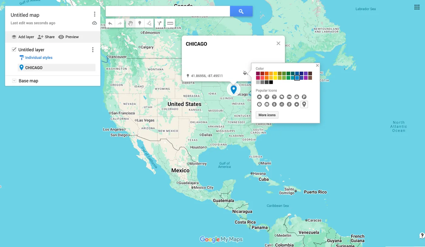 A screenshot of the Google Maps “Style” function with various Color and Icon choices.