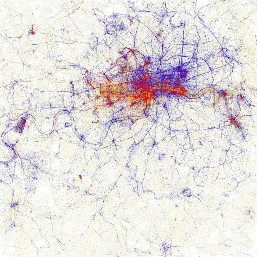 A dot map of geotagged photos across London, clustered most densely in the center along the Thames