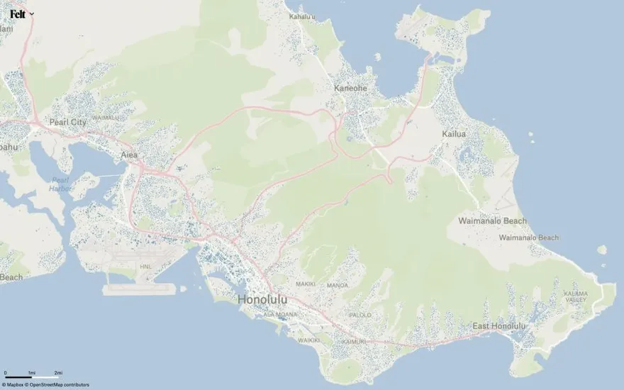 A Felt map of Honolulu and eastern Oahu with buildings drawn as fine blue specks across developed areas