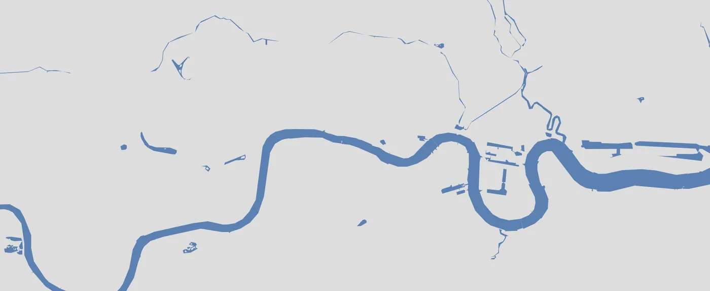 A map of the River Thames drawn in blue with a custom WebGL layer, its width varying along the river