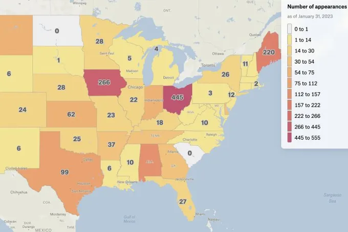 A Felt choropleth of US states by number of New York Times crossword appearances, with Ohio highest at 445