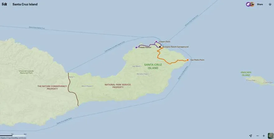 A Felt map of Santa Cruz Island with a limited palette of purple and orange hiking routes and brown property lines